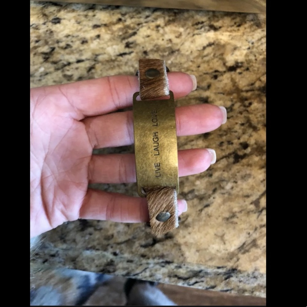 Cynthia H Designs Calfskin Fur Brass “Live Laugh Love” Boho Bracelet
